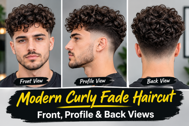 Modern Curly Fade Haircut – Front, Profile & Back Views